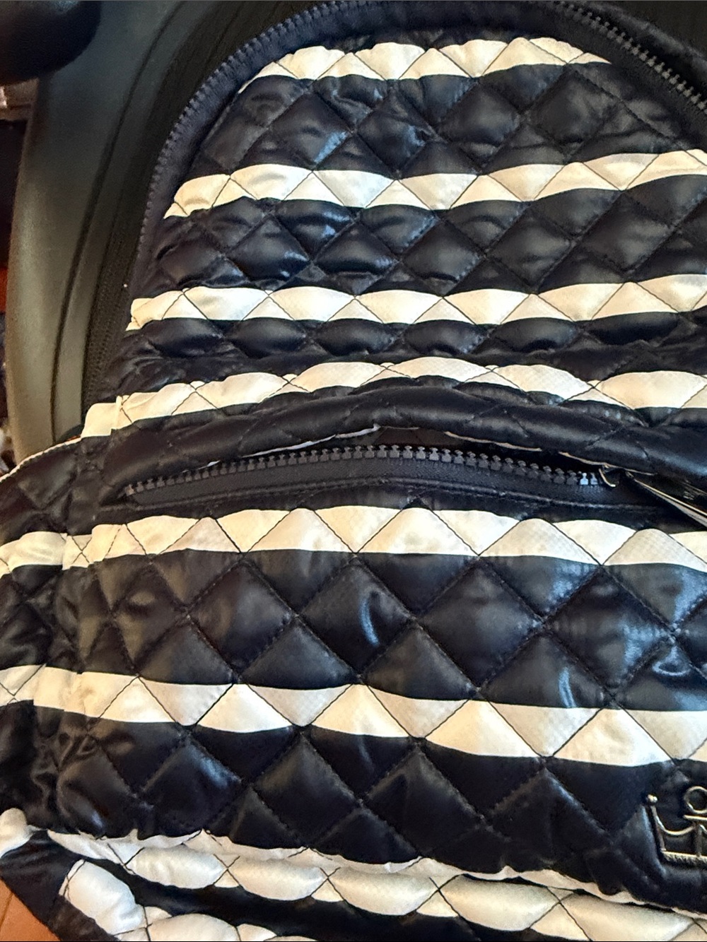 OLIVER THOMAS Quilted Backpack Black White Stripe Red Lining Washable - Picture 7 of 7